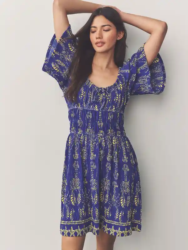 Printed Smocked Seersucker A-Line Dress