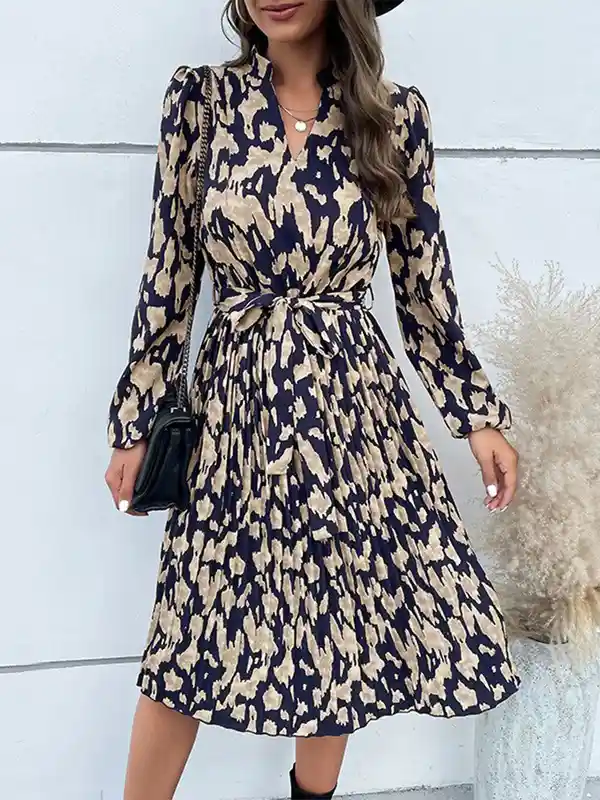 Navy Blue Abstract Printed Knee Length Flared A-Line Dress