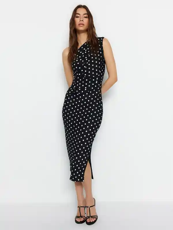 Polka Dot Printed One Shoulder Sheath Midi Dress