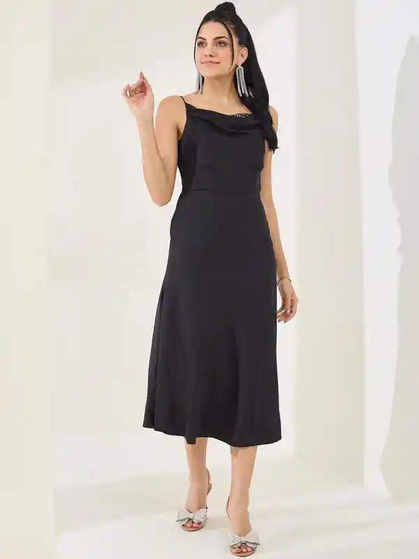 Cowl Neck A-Line Midi Dress