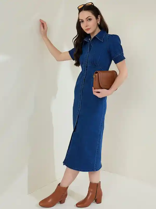 Women Cotton Dark Blue Maternity Denim A-line Midi Dress